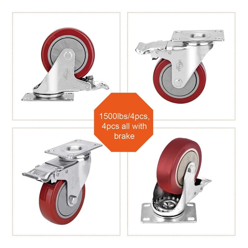 YOOGAA Caster Wheels 3 Inch Casters Set of 4 Heavy Duty Load Bearing 1000 Lbs Locking Swivel Plate Casters with Brake Industrial No Noise Polyurethane Wheels Anti-wear Smooth Casters - Image 5